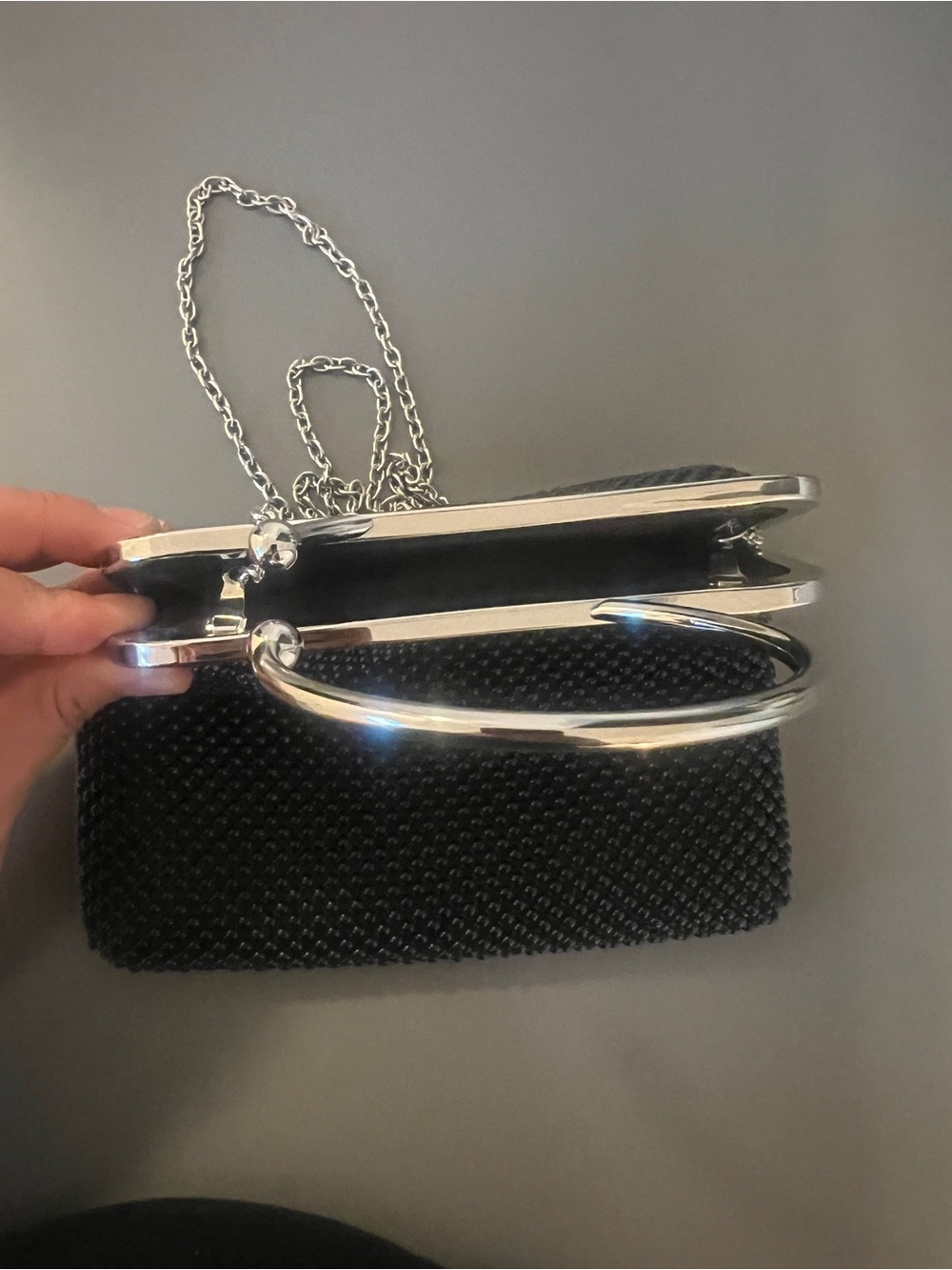 Black Beaded Evening Clutch with Silver Frame and Chain